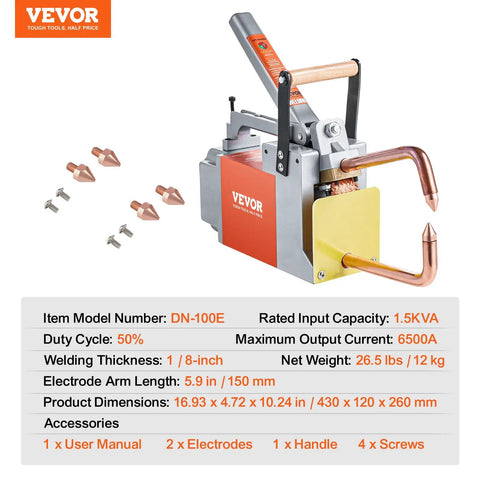 Portable 1/8 Inch Spot Welder With 1.5KVA Input Capacity, handheld welding gun for steel sheet metal, showing copper tips and accessories.