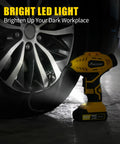 Roadside Ready Cordless Tire Inflator Portable Air Compressor 20V Rechargeable Battery Powered Car Pump illuminating a car tire