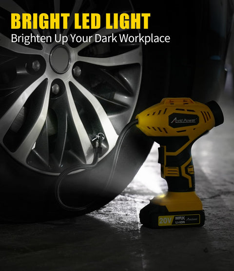 Roadside Ready Cordless Tire Inflator Portable Air Compressor 20V Rechargeable Battery Powered Car Pump illuminating a car tire