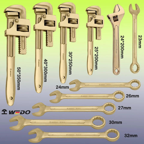 Must-Have Non-Sparking Tool Set 11-Piece Aluminum Bronze Kit with combination wrenches 23mm to 32mm and pipe wrenches