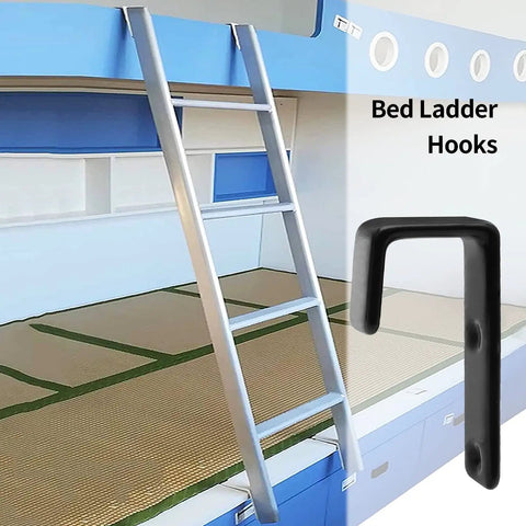 Tough As Nails 2 Pack Bunk Bed Ladder Hook Brackets Heavy Duty Black Iron J Clips with smooth finish, secured to bunk bed.