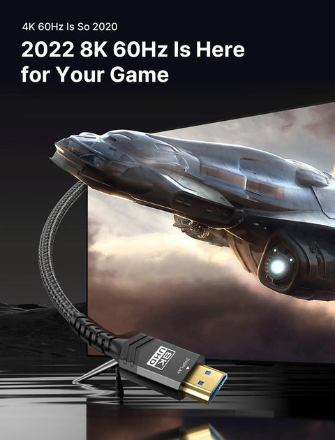 Totally Badass Fiber Optic HDMI Cable 33 Feet 8K 48Gbps connected to a TV with a sleek design for high-quality gaming.