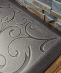 Ergonomic Anti-Fatigue Floor Mat For Home Kitchen Garage And Office Standing Desks Polyurethane Water-Resistant Made In USA Bella Collection with Silver Leaf floral design close-up