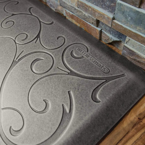Ergonomic Anti-Fatigue Floor Mat For Home Kitchen Garage And Office Standing Desks Polyurethane Water-Resistant Made In USA Bella Collection with Silver Leaf floral design close-up