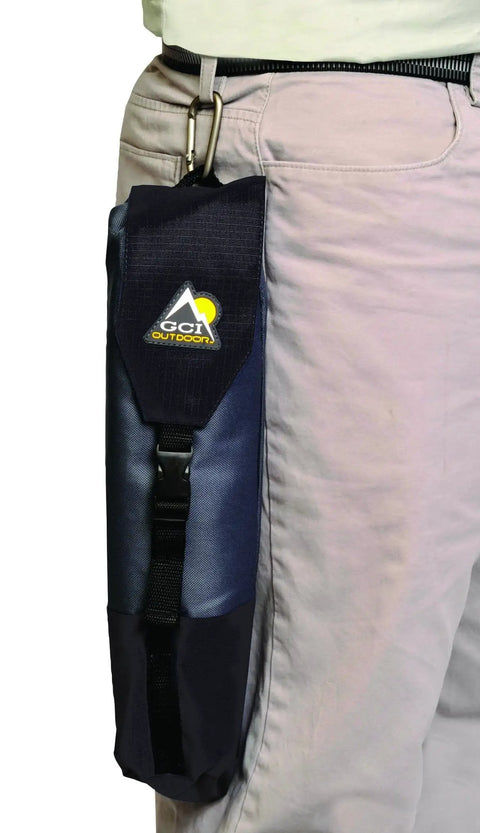 Portable Folding Camping Stool With PackSeat Design clipped onto belt in compact carry bag