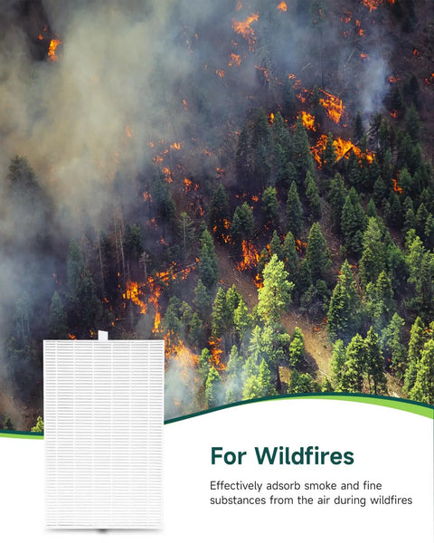 Air filter for wildfires showing smoke and fire in a forest, with a rectangular white filter in the forefront.