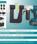 Cordless Electric Hydraulic Hole Punch for Metal Sheets with 150mm Throat, 6 Die Sets, and Dual 6.0Ah Batteries, side view