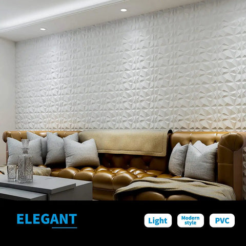 Decorative 3D Diamond Wall Panels Kit 11.8 Inch Square Matte White 33 Pack PVC Lightweight Fire Resistant Easy DIY Install
