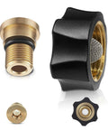 Brass water inlet fitting with 3/8" male and 3/4" female ends; black plastic nut and mesh screen visible.