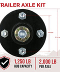 Pack Of Two Rugged Trailer Axle Kits With Four On Four Bolt Pattern Idler Hub And One And One Quarter Inch Round BT8 Spindle top view with measurements.