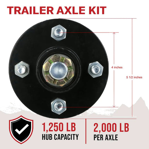 Pack Of Two Rugged Trailer Axle Kits With Four On Four Bolt Pattern Idler Hub And One And One Quarter Inch Round BT8 Spindle top view with measurements.