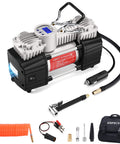 Six Times Faster Inflation Portable 12V Air Compressor Pump with Digital Display and LED Flashlight, accessories included.