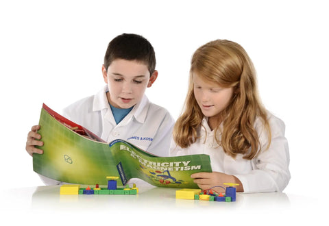 Kids learning with Electricity And Magnetism Science Kit For Kids Ages 8 And Up With 62 Safe Experiments and colorful blocks