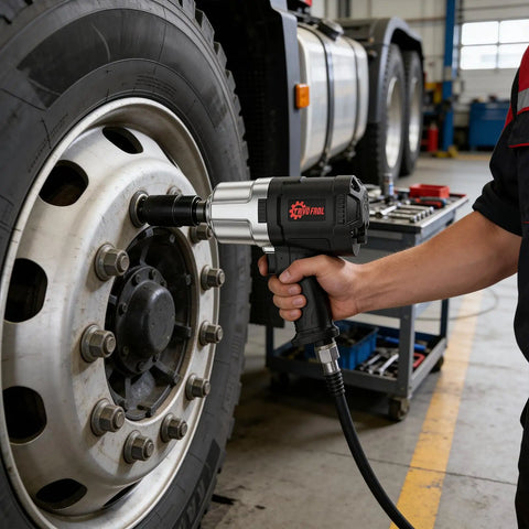 Pro Grade Three Quarter Inch Air Impact Wrench With Twin Hammer Drive delivering 2100 Ft Lbs of raw torque to remove wheel bolts.