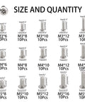 304 Stainless Steel Button Head Torx Security Screws Tamper Resistant Assortment Kit with size chart showing M3, M4, M5 screws