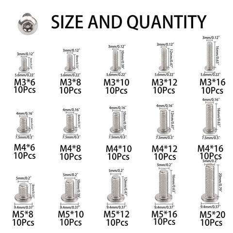 304 Stainless Steel Button Head Torx Security Screws Tamper Resistant Assortment Kit with size chart showing M3, M4, M5 screws