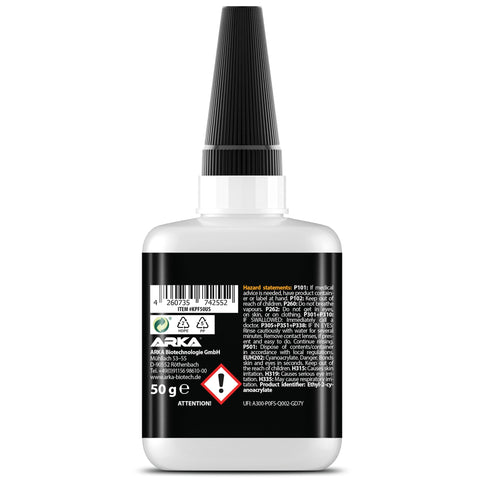 All Purpose Adhesive Glue 50G XXL Value Size Industrial Strength Bond bottle, back label with safety instructions.