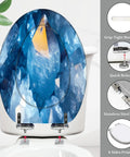 Elongated Toilet Seat for Bathroom featuring blue crystal design, stainless steel hinges, grip-tight bumpers, measures 14.5" x 18.5".
