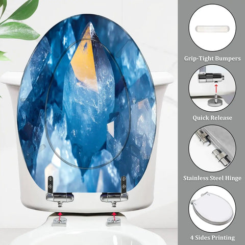 Elongated Toilet Seat for Bathroom featuring blue crystal design, stainless steel hinges, grip-tight bumpers, measures 14.5" x 18.5".
