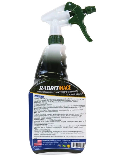 Back view of Ready-To-Use Bunny-Proof Outdoor Rabbit Repellent Spray With Mint Scent, 40 Fl Oz bottle showing label details
