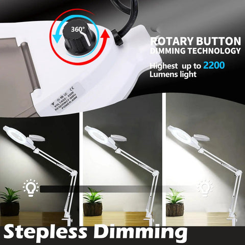 Lit 2200L LED Magnifying Lamp With Stand Real Glass Lens Dimmable Light showing rotary button and dimming settings