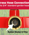Platform Impact Sprinkler With Base 360 Degree Automatic Rotation Wide Coverage Up To 5650 Sq Ft For Gardens And Lawns Easy Adjustable Spray Pattern Red base and brass hose connection close-up.