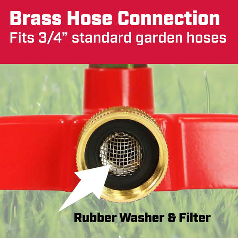 Platform Impact Sprinkler With Base 360 Degree Automatic Rotation Wide Coverage Up To 5650 Sq Ft For Gardens And Lawns Easy Adjustable Spray Pattern Red base and brass hose connection close-up.