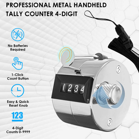 Use Heavy Duty Metal Tally Counter With Smooth Mechanical Clicker, Easy Read Four Digit Display, And Battery Free Handheld Counting Device That Is Straight Up Rock Solid For Daily Shop Tasks Without Battery Headaches Or Slowdowns, showing 4-digit display and reset knob.