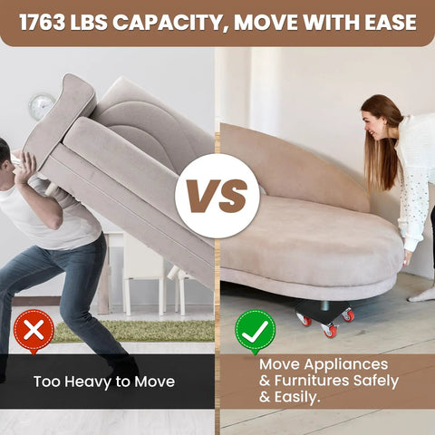 Heavy Duty Furniture Dolly Set Featuring 20 Wheels With Smooth Rolling Swivel Casters For Effortless Moving And Sliding Heavy Appliances, Sofas, and Couches. Includes Lifter Crowbar Tool For Easy Lifting And Safe Transportation Of Large Items Around Your, comparison of lifting heavy sofa vs easy movement with dolly.
