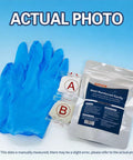 All Purpose 2 Part Epoxy Putty Clay For Fast Repairs package with blue gloves and labeled components A and B.