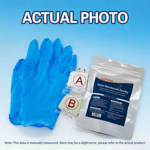 All Purpose 2 Part Epoxy Putty Clay For Fast Repairs package with blue gloves and labeled components A and B.