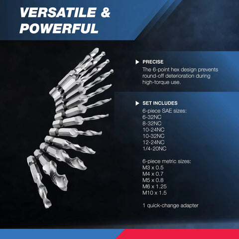 3-In-1 Drill And Tap Bit Set With Quick Change Adapter, 13-Piece SAE And Metric Drill Bit And Tap Set From 6-32NC To 1/4-20NC And M3 To M10, Includes 1/4 Inch Hex Shank For Fast, All-In-One Hole Drilling And Tapping