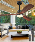 52 Inch Walnut Outdoor Ceiling Fan With Light And Remote Three Blades Three Downrods Six Speed Quiet DC Motor Cool Modern Rustic Ceiling Fan For Patios Porch Living Rooms Bedrooms Indoor Outdoor Use, shown in a patio setting above furniture.