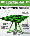 Top Shelf 360 Degree Spin Workbench Galvanized Steel Industrial Assembly Table With Smooth Swivel Base And Tough PVC Shield For Shop Floor Or Packing Bay Five Piece Heavy Duty Rig, showing premium frame and toolbox panel.