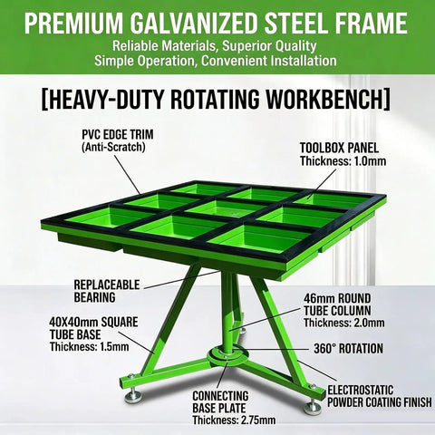 Top Shelf 360 Degree Spin Workbench Galvanized Steel Industrial Assembly Table With Smooth Swivel Base And Tough PVC Shield For Shop Floor Or Packing Bay Five Piece Heavy Duty Rig, showing premium frame and toolbox panel.