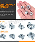 Heavy Duty 40 Piece Carbon Steel Cage Nut Assortment Kit With Snap In Square Rack Mount Clips showing various sizes in hand.