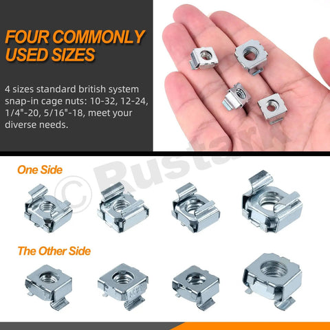 Heavy Duty 40 Piece Carbon Steel Cage Nut Assortment Kit With Snap In Square Rack Mount Clips showing various sizes in hand.