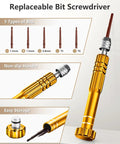 Complete Watch Repair Kit With Link Removal Tool And Case Opener For Battery Replacement shows gold screwdriver with replaceable bits
