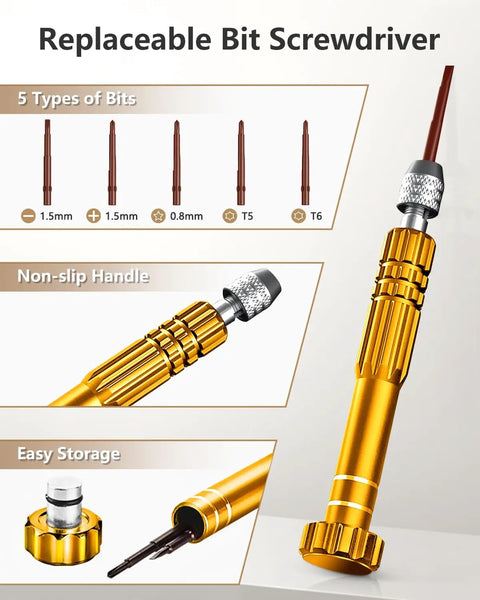 Complete Watch Repair Kit With Link Removal Tool And Case Opener For Battery Replacement shows gold screwdriver with replaceable bits