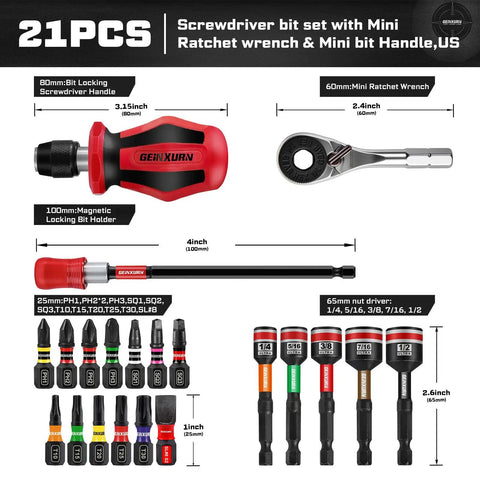 21 Piece Portable Tool Kit With Mini Ratchet Wrench, S2 Steel Screwdriver Bits, Mini Handle, Magnetic Locking Bit Holder, Nut Driver Set