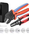 Ratcheting Crimping Tool Kit Pro Grade With Six Interchangeable Dies for wire harness builds, spade terminals and coaxial cables.
