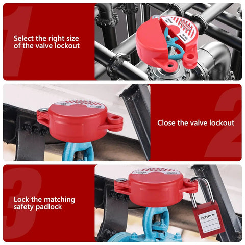 Heavy Duty Gate Valve Lockout Set With Keyed Alike Safety Padlocks installed on pipes, showing step-by-step usage, Outdoor Lockout Device