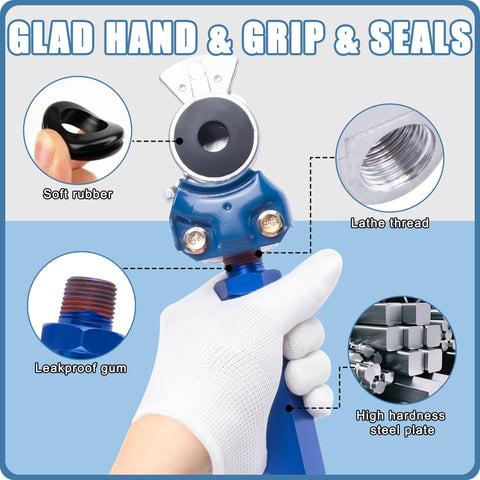 Semi Truck Air Brake Hose Coil Set With 1/2 In NPT DOT Fittings Red And Blue Leads Glad Hands Grips And Rubber Seals 15 Ft Plus 40 In Tractor Leads Pigtail Airline Kit For Rig Durable Value Pack components including grip, seals, and fittings close-up view
