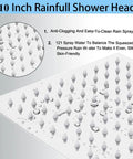 Close-up of 10 inch rainfall shower head with anti-clogging nozzles and stainless steel finish, highlighting spray features.