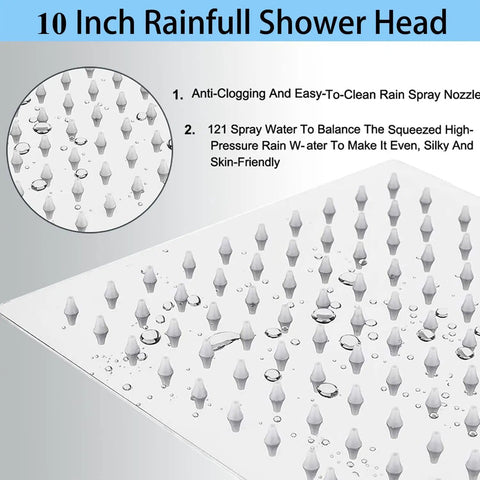 Close-up of 10 inch rainfall shower head with anti-clogging nozzles and stainless steel finish, highlighting spray features.