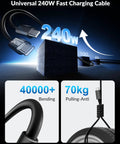 240W fast charging USB-C cable demonstrating bending strength and 70kg tensile load capacity.