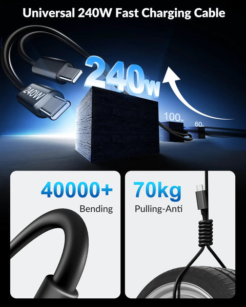 240W fast charging USB-C cable demonstrating bending strength and 70kg tensile load capacity.
