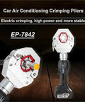 Electric Rechargeable Hydraulic Crimping Pliers EP-7842 showing metal head design, side view on wooden surface for automobile AC lines.