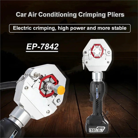 Electric Rechargeable Hydraulic Crimping Pliers EP-7842 showing metal head design, side view on wooden surface for automobile AC lines.