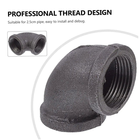 Close-up of a Six Piece Industrial Elbow Cast Iron Pipe Connector Set For Plumbing And HVAC, 3/4 Inch Hose Connectors.